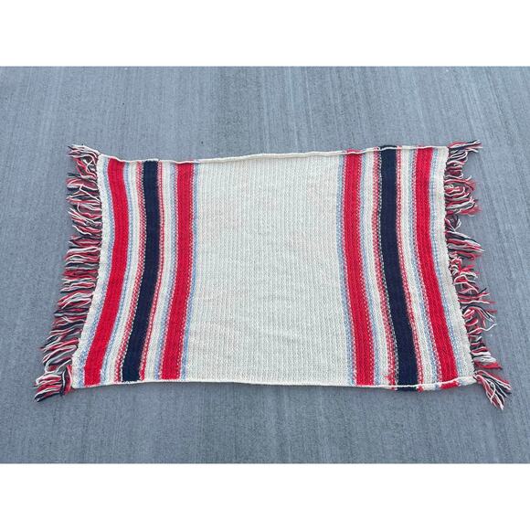 Vintage Handmade Crochet Afghan Striped Red White Blue Nautical Fringe Retro - Picture 3 of 3